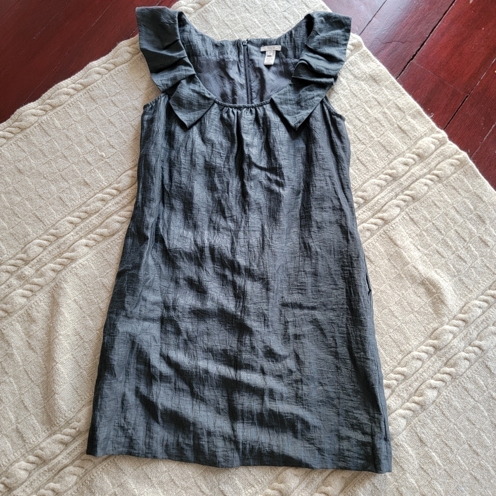 J Crew Shimmer Linen Ruffle Shoulder Dress Charcoal Gray size 10